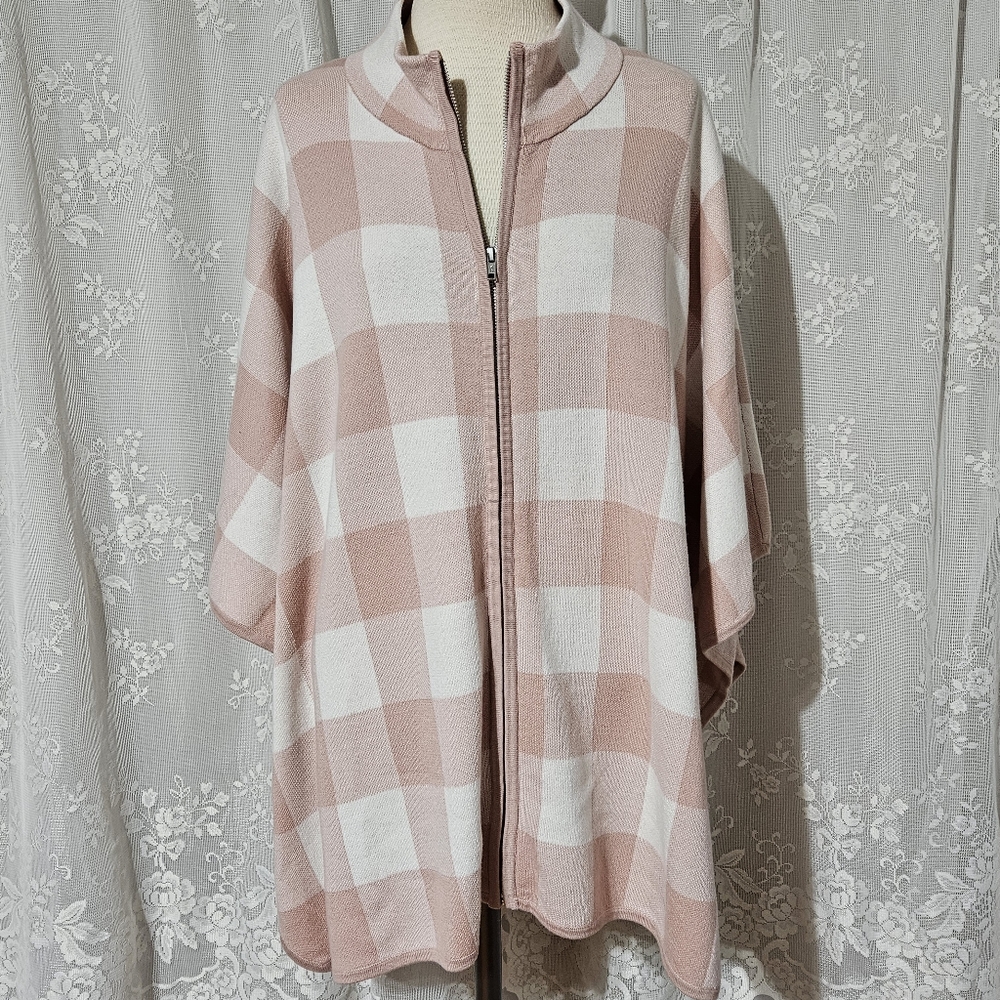Women's Buffalo Plaid Midi Length Full Zip Sweater Knit Poncho